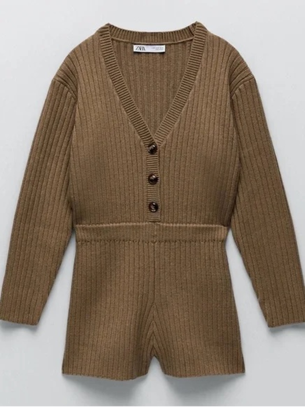 Zara Camel Ribbed V-Neck Buttoned romper